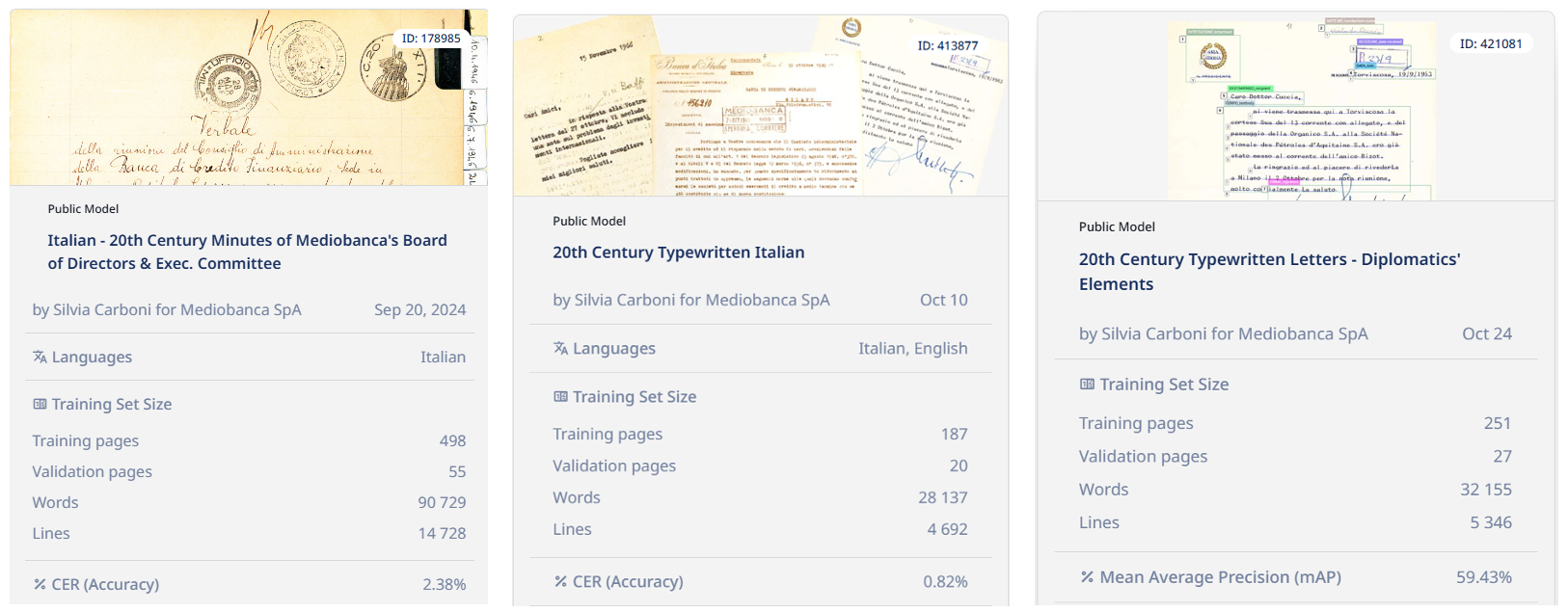 Transkribus Mediobanca Trio modelli